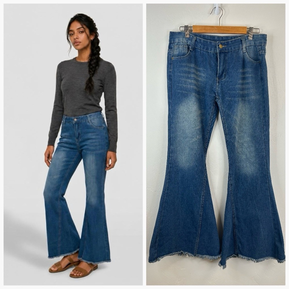 Bell Bottom Flare Denim Jeans Retro Size L Hippie Boho 70s Festival Medium Wash